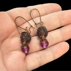 Artisan Made Dangle Earrings Glass Beads Purple Copper